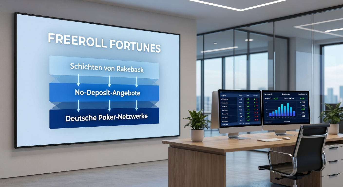 Grafik mit Rakeback-Prozentsätzen und No-Deposit-Boni auf einer deutschen Poker-App, inklusive Freeroll-Tabelle