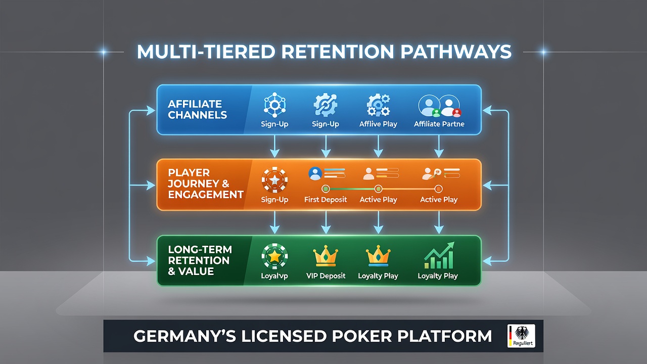 Illustration der Integration von Rakeback-Programmen und Turnierzugängen in Affiliate-gesteuerten Poker-Netzwerken unter deutscher Lizenz